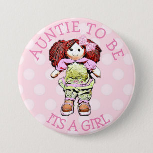 ピンクの人形のベビーシャワーボタンがある叔母さん 缶バッジ