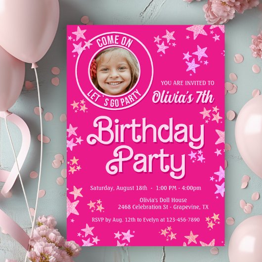 ピンクの人形の写真 誕生日パーティー 招待状
