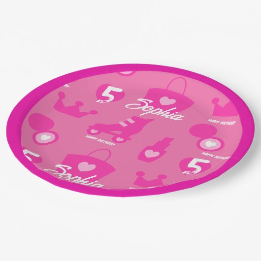 ピンクの人形の誕生日パーティカスタム、名前をカスタムする ペーパープレート (アングル)