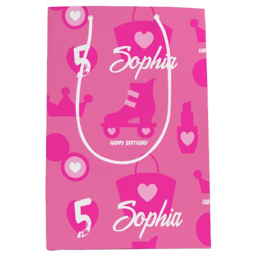 ピンクの人形の誕生日パーティカスタム、名前をカスタムする ミディアムペーパーバッグ (正面)