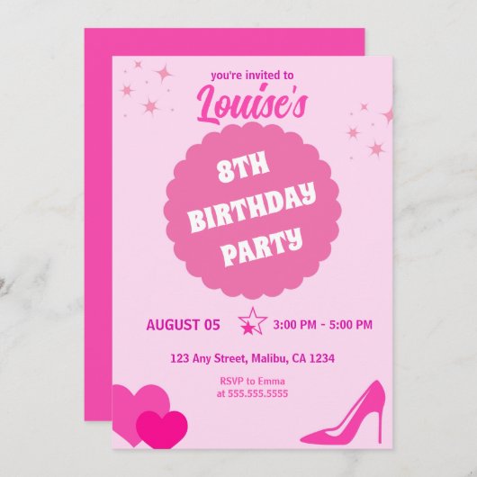 ピンクの人形の誕生日パーティー,女の子 招待状 (正面/裏面)