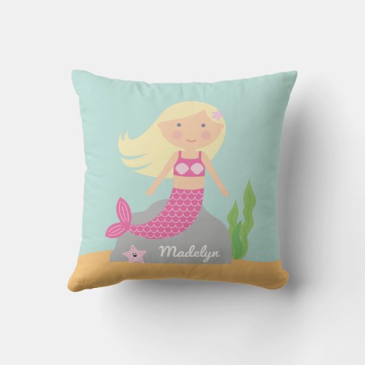 ピンクの人魚およびヒトデの枕 クッション (裏面)