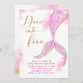 ピンクの人魚が5回の誕生日パーティーに飛び込む 招待状 (正面/裏面)