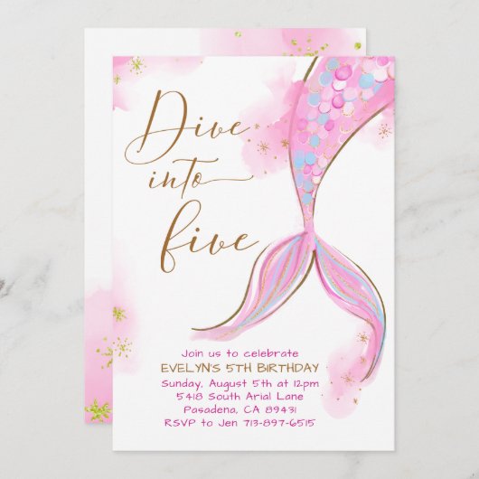 ピンクの人魚が5回の誕生日パーティーに飛び込む 招待状 (正面/裏面)