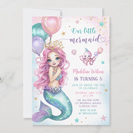 ピンクの人魚の下ザシー誕生日 招待状 (正面)