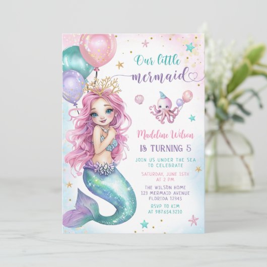 ピンクの人魚の下ザシー誕生日 招待状 (スタンド正面)