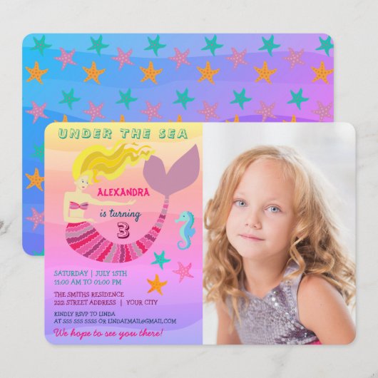 ピンクの人魚の写真の誕生日 招待状 (正面/裏面)