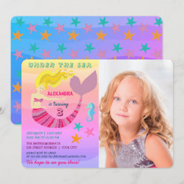 ピンクの人魚の写真の誕生日 招待状