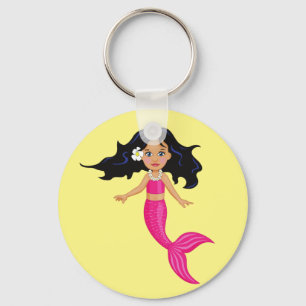ピンクの人魚の女の子のアート キーホルダー
