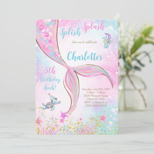 ピンクの人魚の誕生日招待状 招待状 (スタンド正面)