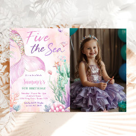 ピンクの人魚の5歳の誕生日おめでとうFive+the+Sea写真 招待状