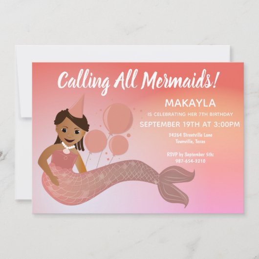 ピンクの人魚アフリカ系アメリカ人バースデーパーティー 招待状 (正面)
