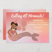 ピンクの人魚アフリカ系アメリカ人バースデーパーティー 招待状 (正面/裏面)