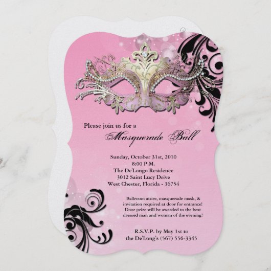 ピンクの仮装ボールマスクの衣装ハロウィーンのパーツ 招待状 (正面/裏面)