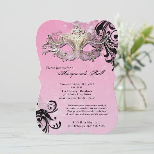 ピンクの仮装ボールマスクの衣装ハロウィーンのパーツ 招待状 (スタンド正面)