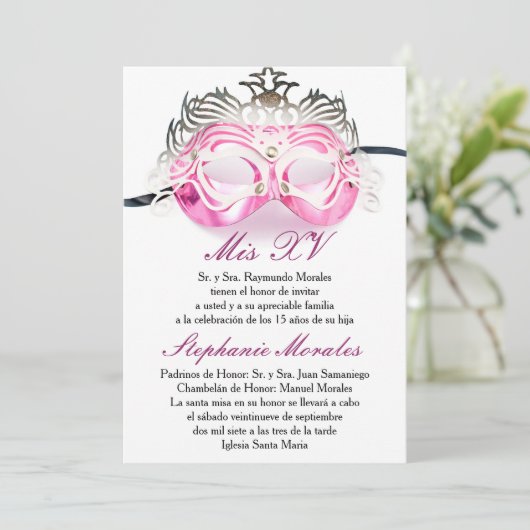 ピンクの仮面舞踏会のキンセアニェラの誕生日の招待状 招待状 (スタンド正面)