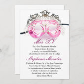 ピンクの仮面舞踏会のキンセアニェラの誕生日の招待状 招待状 (正面/裏面)