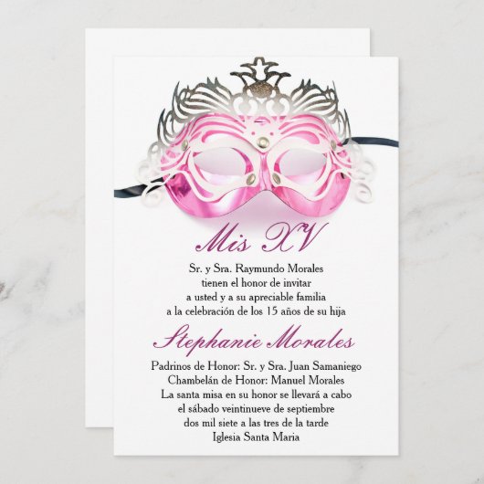 ピンクの仮面舞踏会のキンセアニェラの誕生日の招待状 招待状 (正面/裏面)