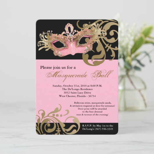 ピンクの仮面舞踏会のマスクの球の衣裳ハロウィン 招待状 (スタンド正面)