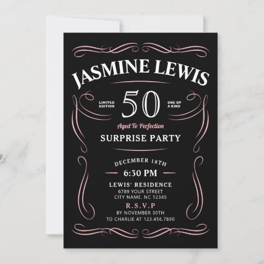 ピンクの任意の年齢ウイスキーをテーマにした驚き50歳の誕生日 招待状 (正面)