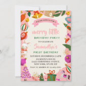 ピンクの休日クリスマス1st誕生日パーティー 招待状 (正面)