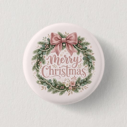 ピンクの伝統的なクリスマスリース | Pinkmas 缶バッジ (正面)