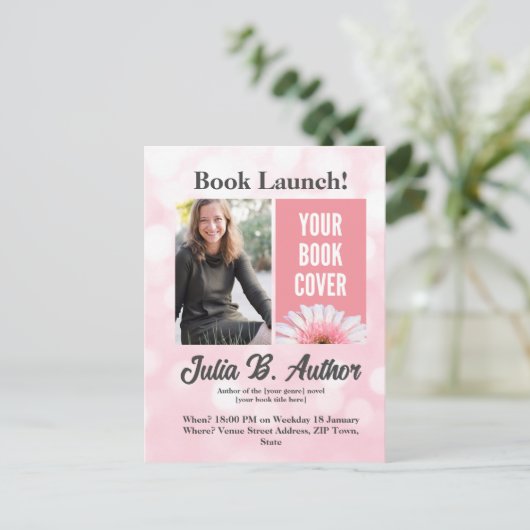 ピンクの作家ブックの起動招待状 ポストカード (スタンド正面)