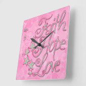 ピンクの信仰の希望の愛の星蝶の時計 スクエア壁時計 (傾斜)