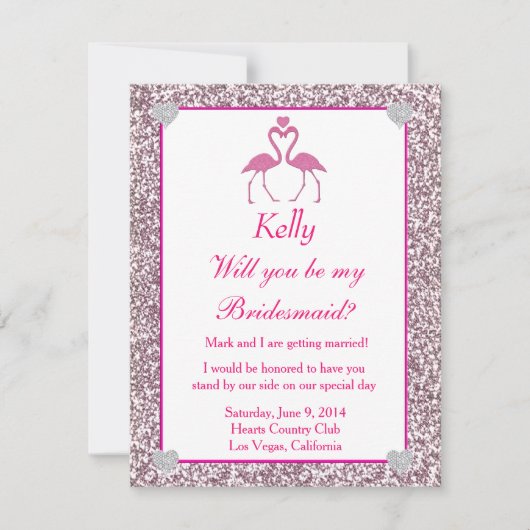ピンクの偽のグリッター フラミンゴ ラブ ブライズメイド カード (正面)