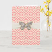 ピンクの偽ダイヤモンド シルバー バタフライ 誕生日 カード (黄色い花)