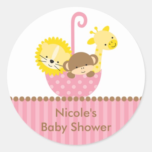 ピンクの傘で動くジャングル動物 ラウンドシール (正面)