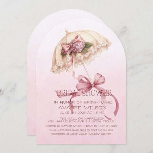 ピンクの傘とリボンブライダルシャワー 招待状 (正面/裏面)