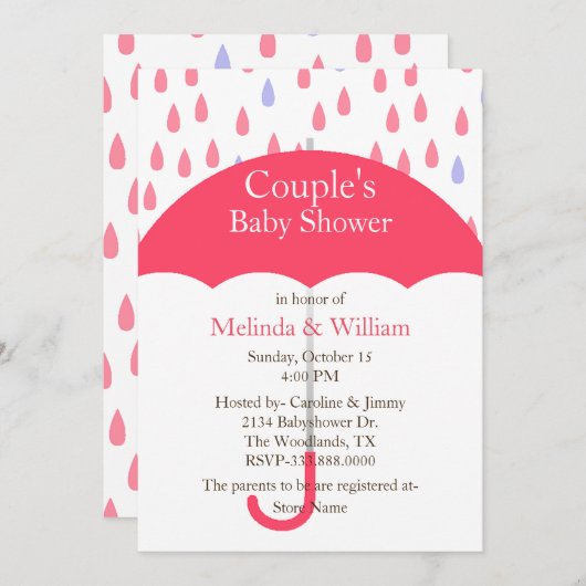 ピンクの傘のベビーシャワー招待状 招待状 (正面/裏面)