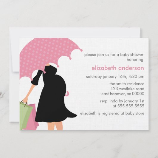 ピンクの傘のママは女の子の赤ちゃんシャワーになる 招待状 (正面)