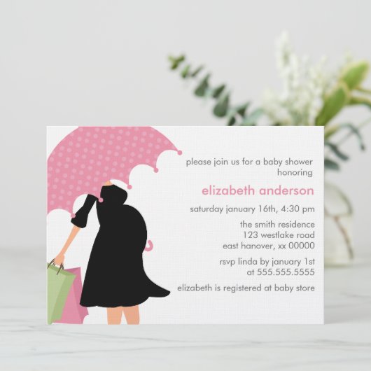 ピンクの傘のママは女の子の赤ちゃんシャワーになる 招待状 (スタンド正面)