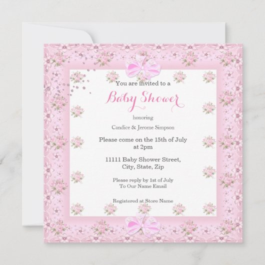 ピンクの傘の象ふくらはぎ赤ちゃんシャワーガール2 招待状 (裏面)