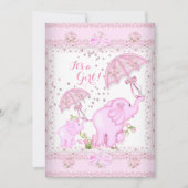 ピンクの傘の象ふくらはぎ赤ちゃんシャワーガール 招待状 (正面)