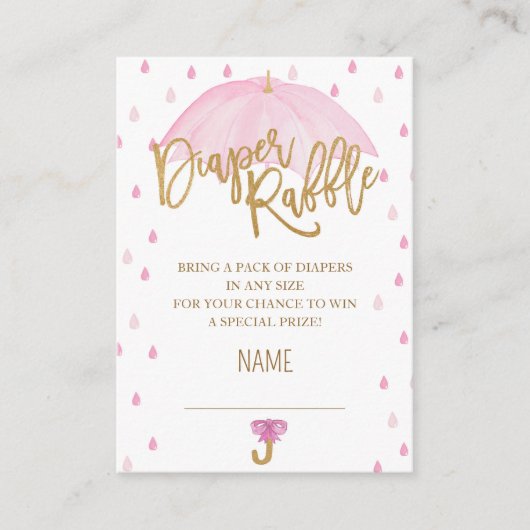 ピンクの傘の赤ちゃんシャワーおむつラッフルカード エンクロージャーカード (正面)
