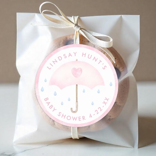 ピンクの傘の赤ちゃんシャワーお気に入りシール ラウンドシール