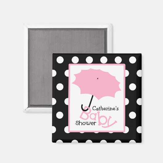 ピンクの傘の赤ちゃんシャワー – 白い水玉模様 マグネット (正面/裏面)