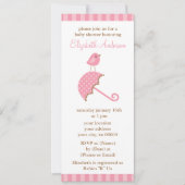 ピンクの傘の鳥の女の子ベイビーシャワー 招待状 (正面)