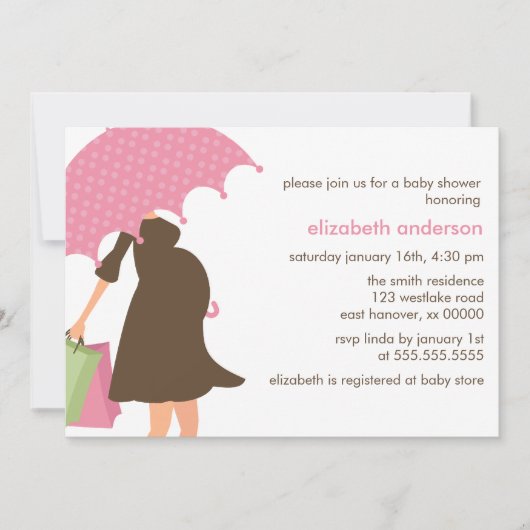 ピンクの傘を持つ妊婦の赤ちゃんシャワー 招待状 (正面)