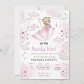 ピンクの傘テディベアベビー散水ベビーシャワー 招待状 (正面)