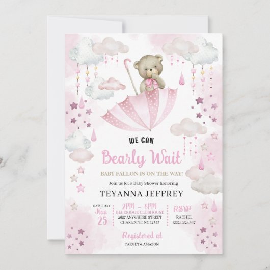 ピンクの傘テディベアベビー散水ベビーシャワー 招待状 (正面)