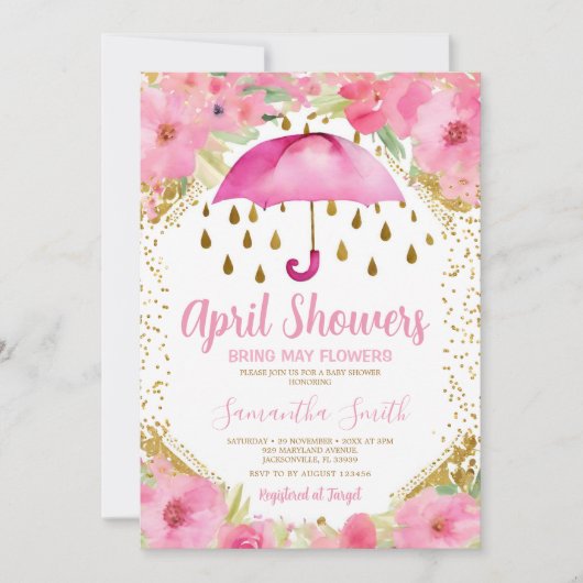 ピンクの傘4月のシャワーが5月の花をもたらす 招待状 (正面)