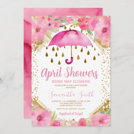 ピンクの傘4月のシャワーが5月の花をもたらす 招待状 (正面/裏面)