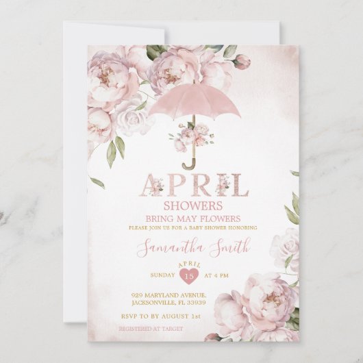 ピンクの傘4月のシャワーが5月の花をもたらす 招待状 (正面)
