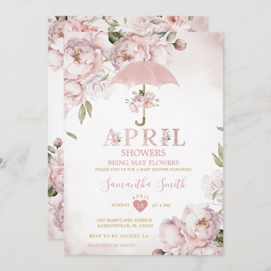 ピンクの傘4月のシャワーが5月の花をもたらす 招待状 (正面/裏面)