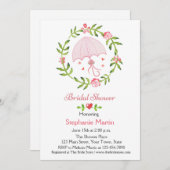 ピンクの傘、ブライダルシャワーが付いている花のリース 招待状 (正面/裏面)