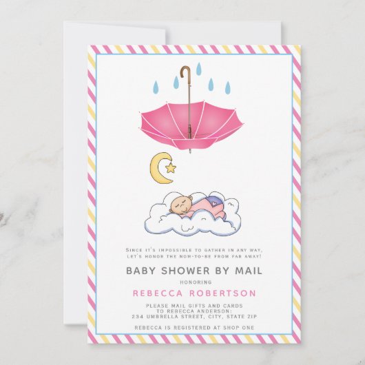 ピンクの傘、寝ているベビーガールシャワー郵便 招待状 (正面)